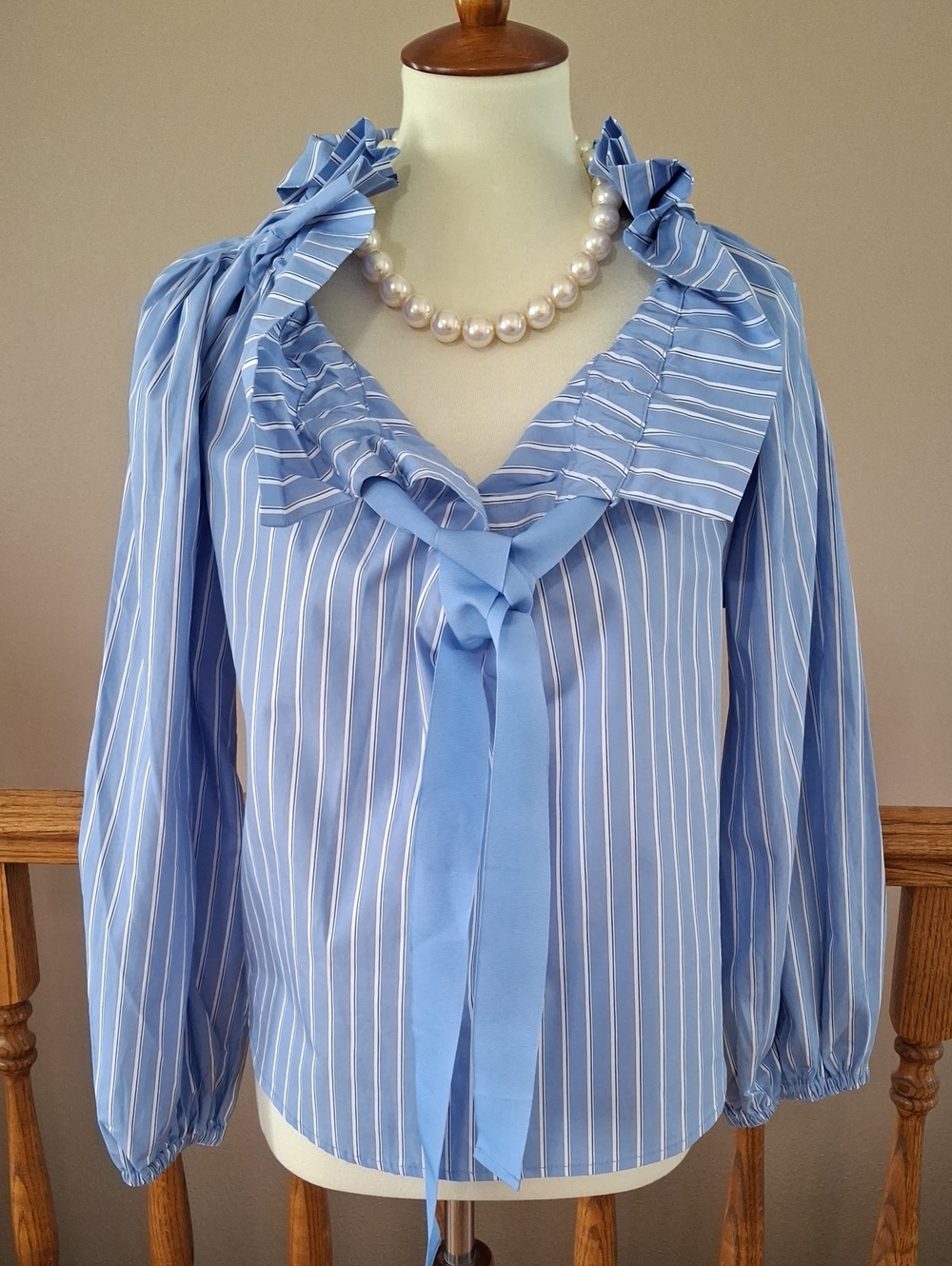 Light Blue Stripe Tie-Neck Ruffle Blouse